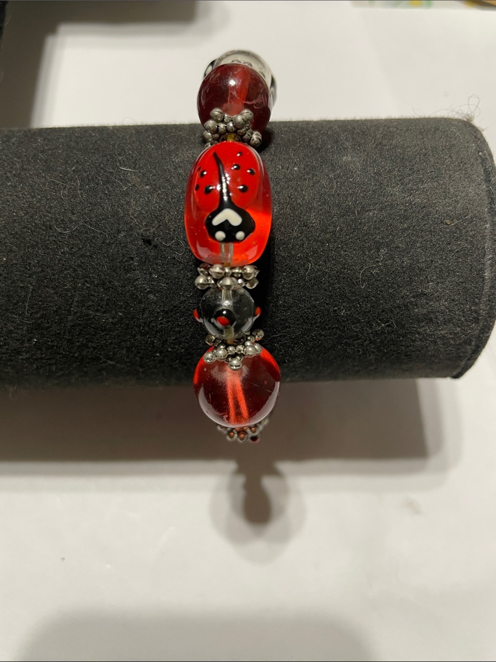 Summer - Red Glass Bead Ladybug Stretch Bracelet.  8/10/6